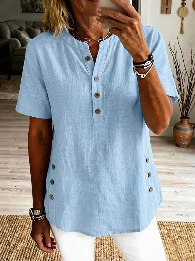Casual Plain Summer No Elasticity Cotton And Linen Short Sleeve Regular H-Line Regular Shirts for Women