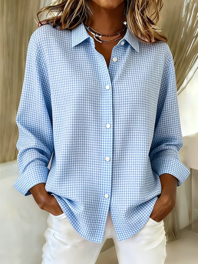 Casual Spring/Fall Plaid Polyester No Elasticity H-Line Buckle Regular NL Shirts for Women