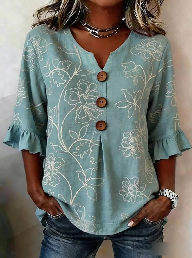 Casual Floral Summer Polyester V neck Printing Micro-Elasticity Regular Fit H-Line Blouses for Women