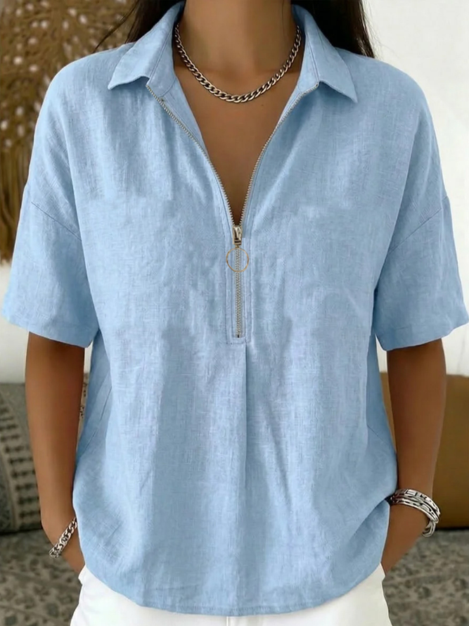 Casual Plain Summer Cotton No Elasticity Daily Shawl Collar Regular Regular Blouses for Women