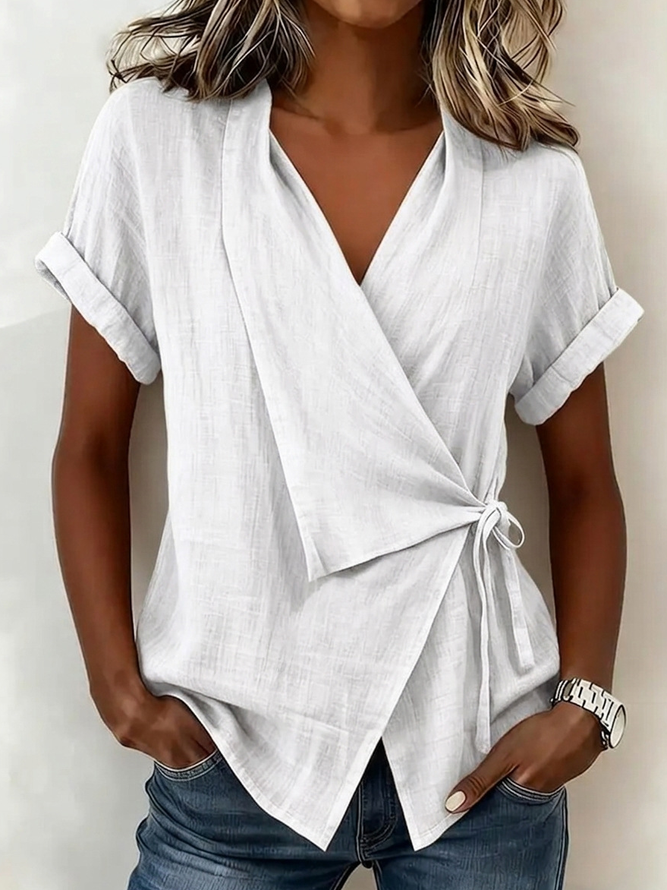 Casual Plain Summer Cotton V neck Daily Loose Short Sleeve Regular Blouses for Women