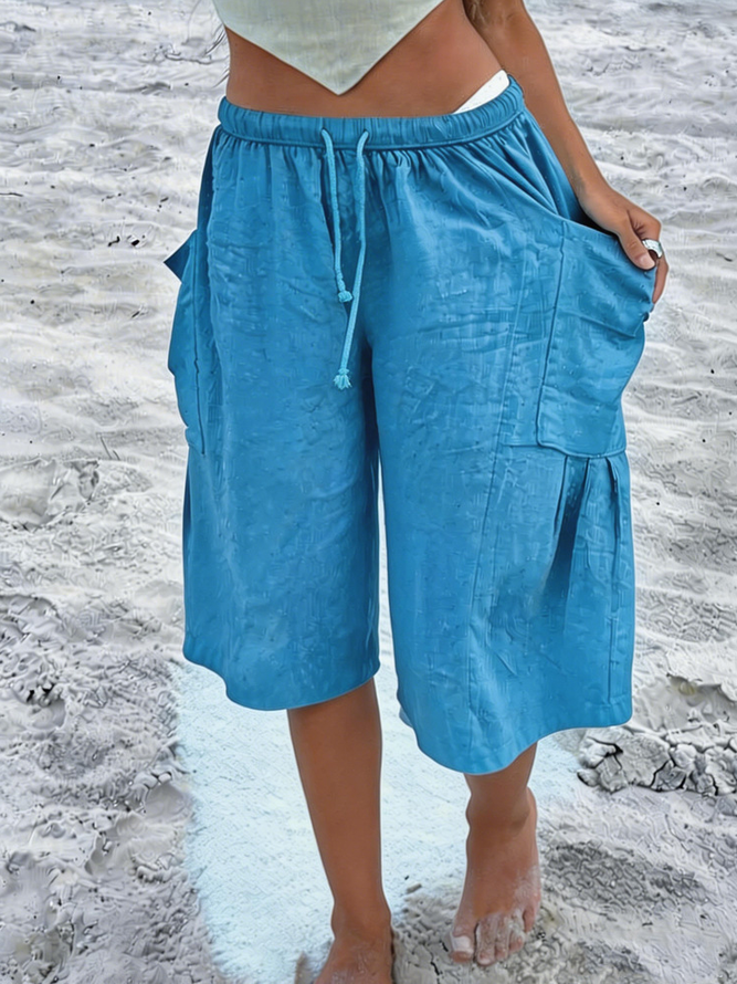 Women Casual Plain Summer Cotton Drawstring Natural Loose Capris Regular Shorts