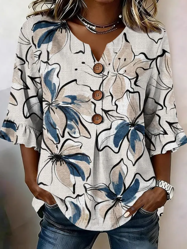 Women Vintage Floral Summer Polyester Micro-Elasticity Commuting Regular Fit H-Line Regular Blouses