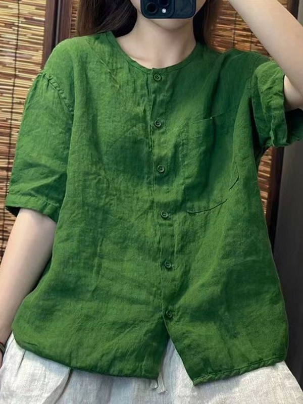 Casual Plain Summer No Elasticity Loose Short Sleeve H-Line Regular Shirt Collar Shirts for Women