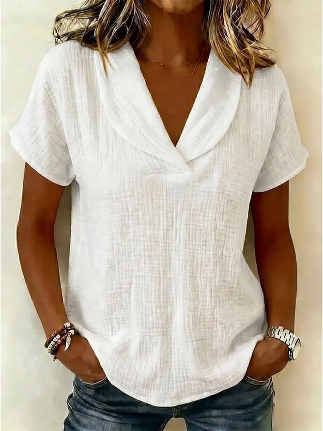Women Vintage Plain Summer Lightweight Household Loose Short Sleeve Regular H-Line Shirts