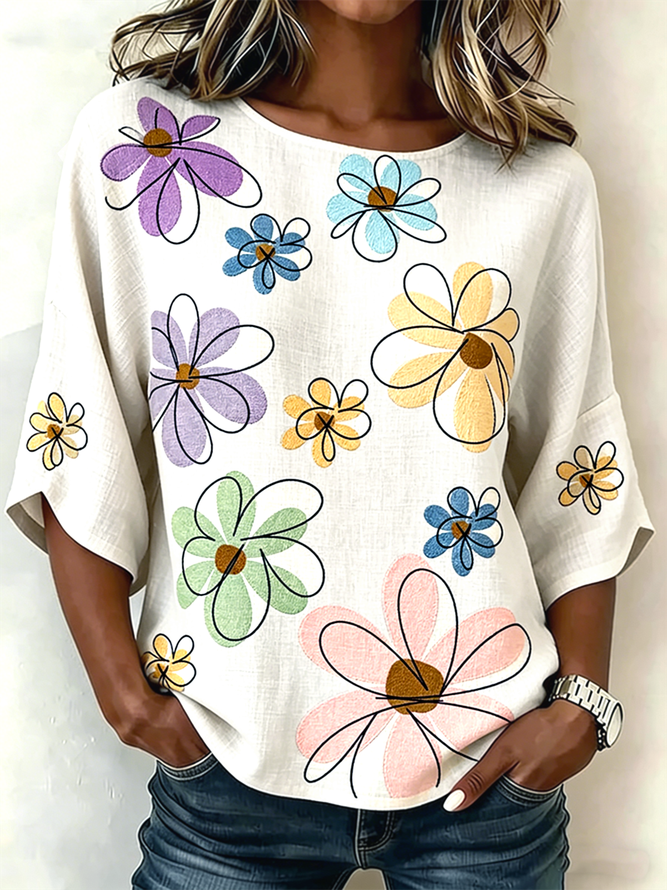 Vintage Floral Summer Daily Loose Cotton And Linen Half Sleeve Crew Neck Regular Shirts for Women