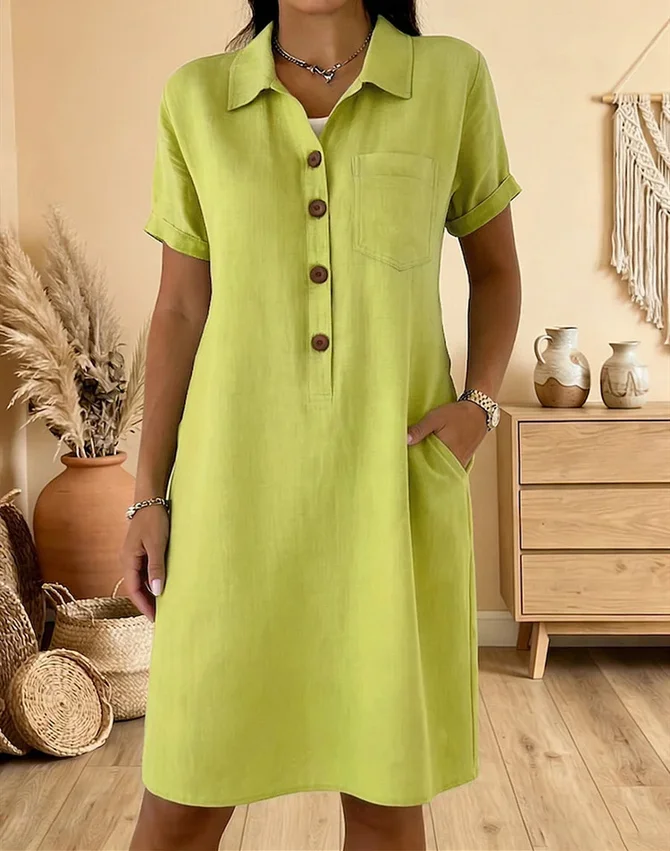 Image of Women Vintage Plain Summer No Elasticity Loose Midi Short Sleeve Regular No Dresses