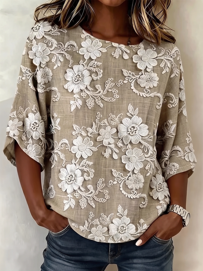 Vintage Summer 3D Printing Polyester Loose Half Sleeve Crew Neck Regular Regular T-shirts for Women