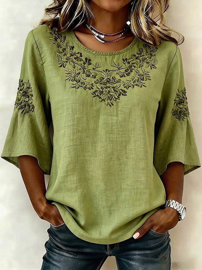 Women Casual Floral Summer Polyester Micro-Elasticity Daily Half Sleeve Crew Neck H-Line Blouses