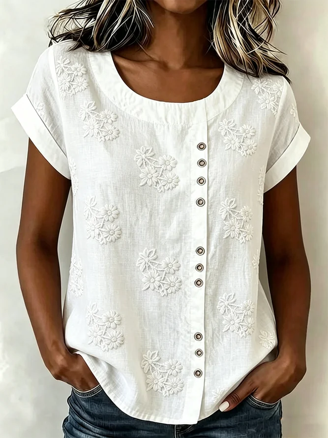 Image of Women Vintage Floral Summer Polyester Household Loose Short Sleeve Crew Neck H-Line Shirts