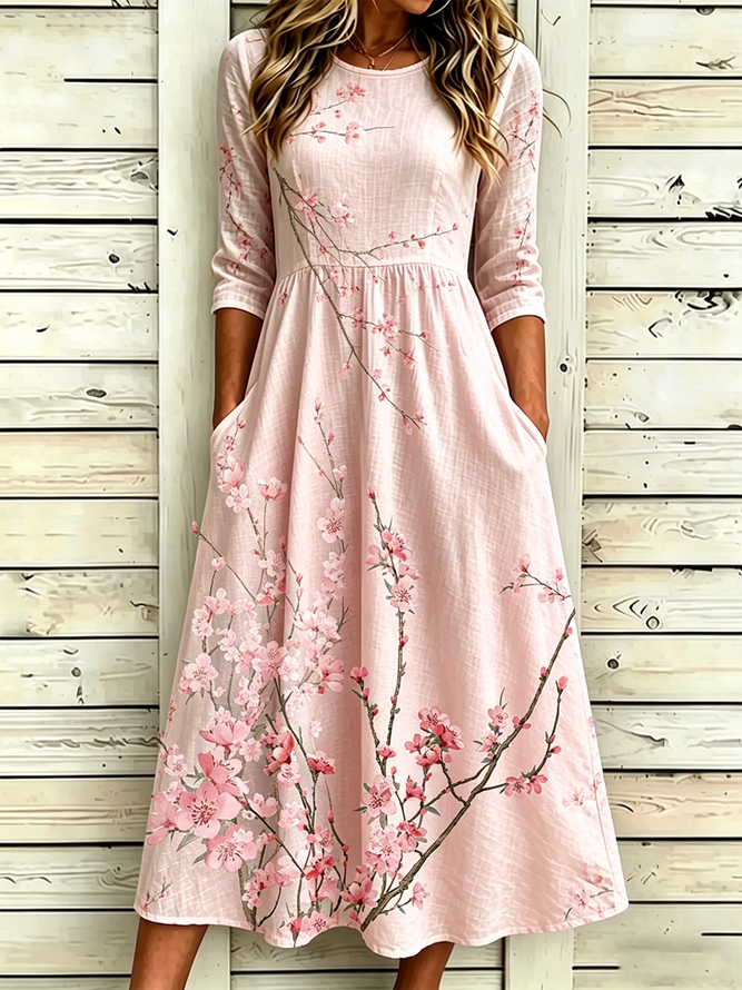 Women Elegant Floral Summer Polyester High Waist No Elasticity Loose Maxi A-Line Dresses
