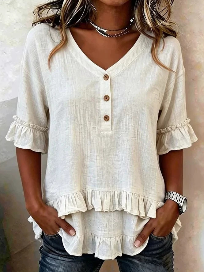 Casual Plain Summer No Elasticity Loose Short Sleeve Regular H-Line Regular Blouses for Women