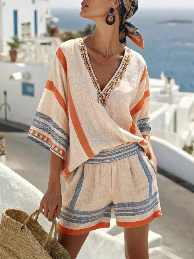 Casual Color Block Summer Natural No Elasticity Loose Half Sleeve Top With Pants Vacation Two-Piece Sets for Women