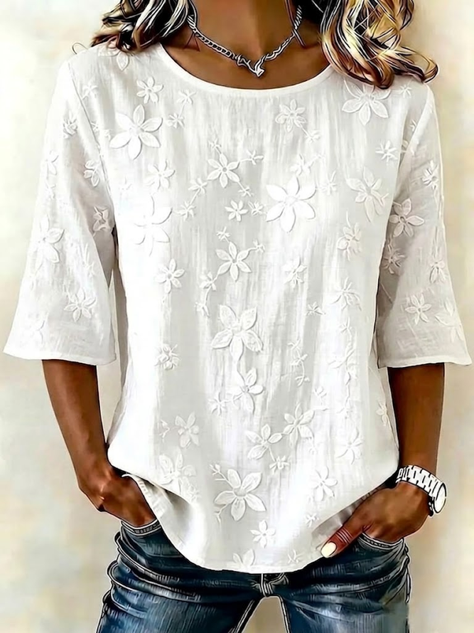 Image of Women Casual Floral Summer Polyester Micro-Elasticity Commuting Half Sleeve Crew Neck H-Line Blouses