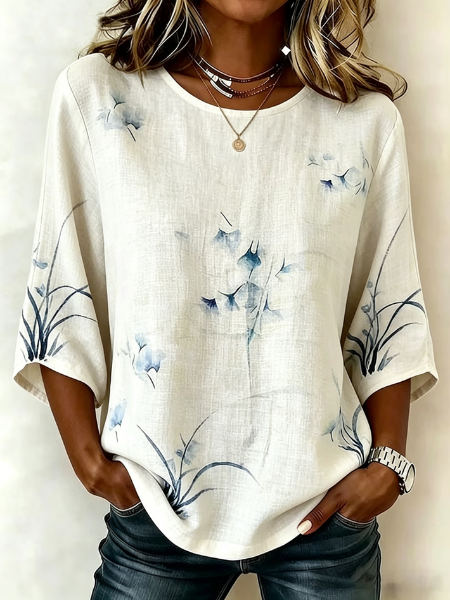Women Vintage Spring/Fall 3D Printing Polyester No Elasticity Loose Three Quarter Sleeve Regular A-Line Shirts