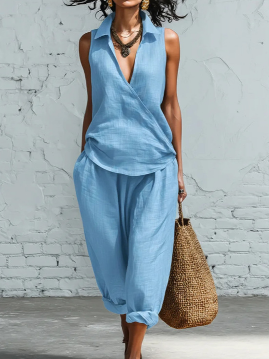 Women Casual Plain Summer Polyester Cross Neck No Elasticity Daily H-Line Regular Two-Piece Sets