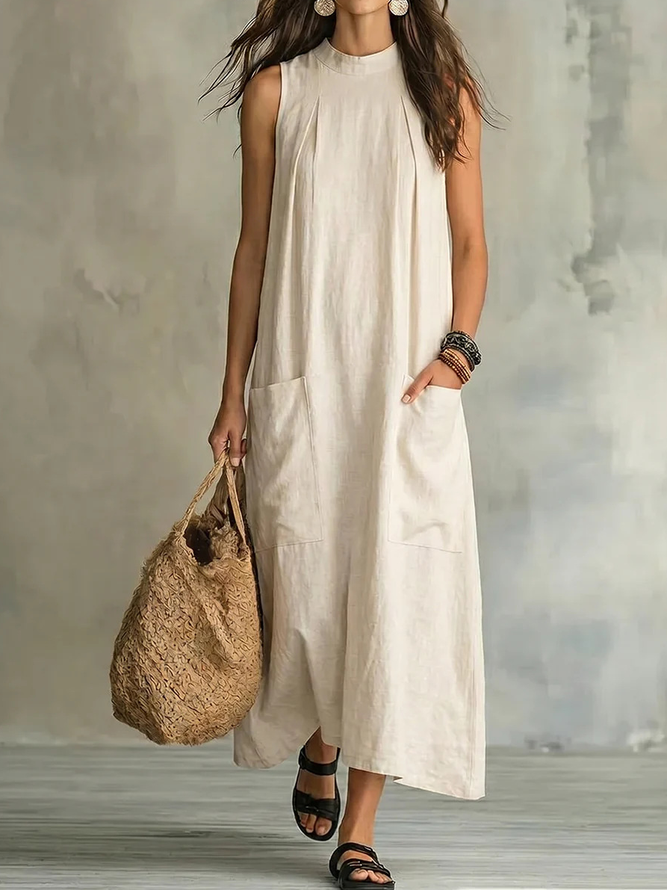 Women Casual Plain Summer Natural No Elasticity Daily Cotton And Linen Tank No Dresses