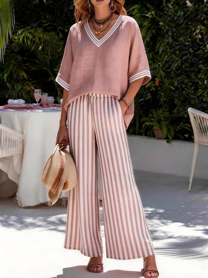 Striped Casual Summer Polyester Natural No Elasticity Daily H-Line Regular Two-Piece Sets for Women