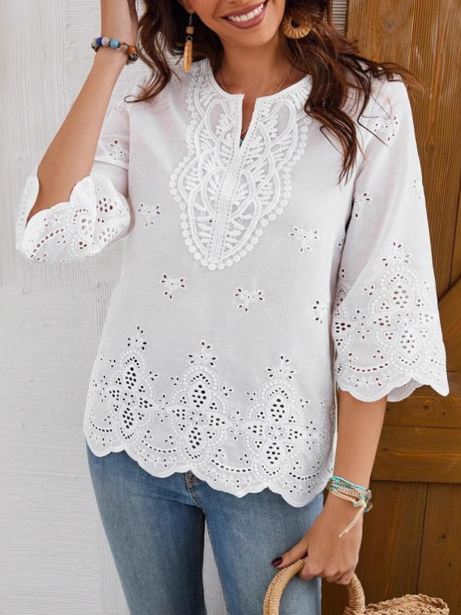 Women Casual Plain Spring/Fall Cotton No Elasticity Daily Loose Three Quarter Sleeve Regular Blouses
