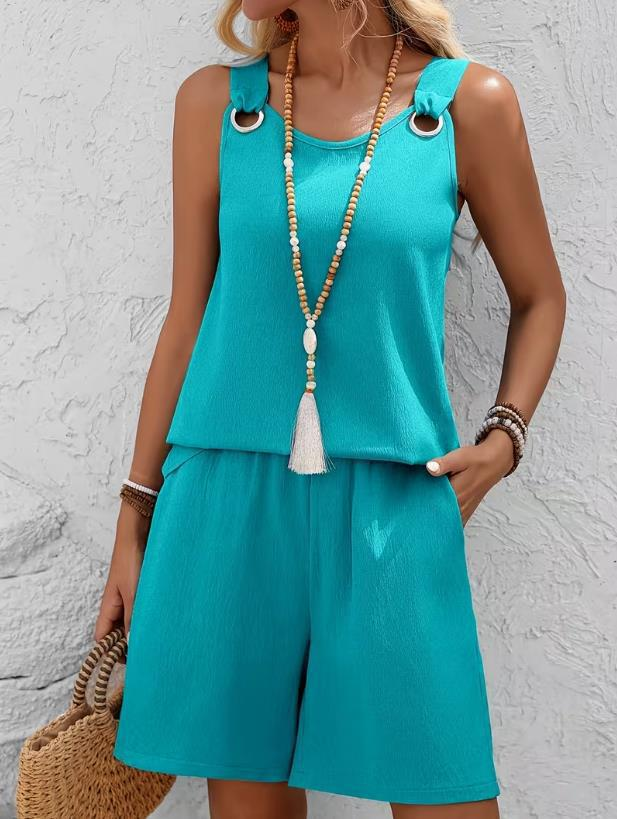 Women Casual Plain Summer Polyester Grommets No Elasticity Sleeveless Top With Pants Regular Two-Piece Sets