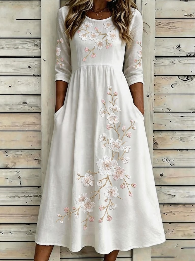 Image of Casual Floral Summer Printing Daily Maxi Crew Neck H-Line Regular Dresses for Women