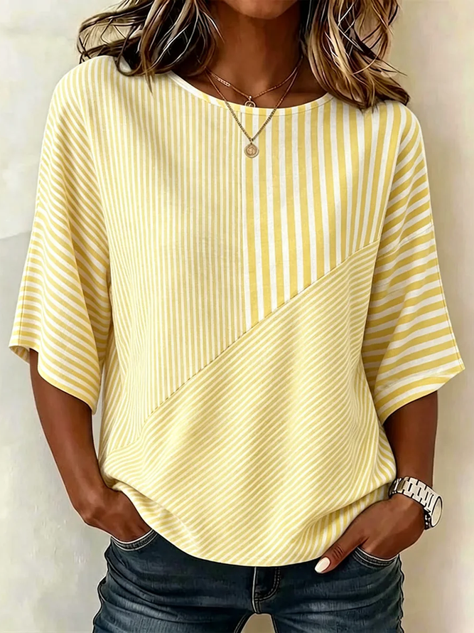 Image of Striped Casual Summer Printing Commuting Regular Fit Crew Neck H-Line Regular Blouses for Women
