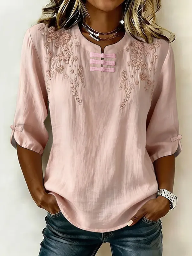 Women Vintage Floral Summer Polyester Buckle Regular Fit Half Sleeve Regular Mandarin Collar Blouses