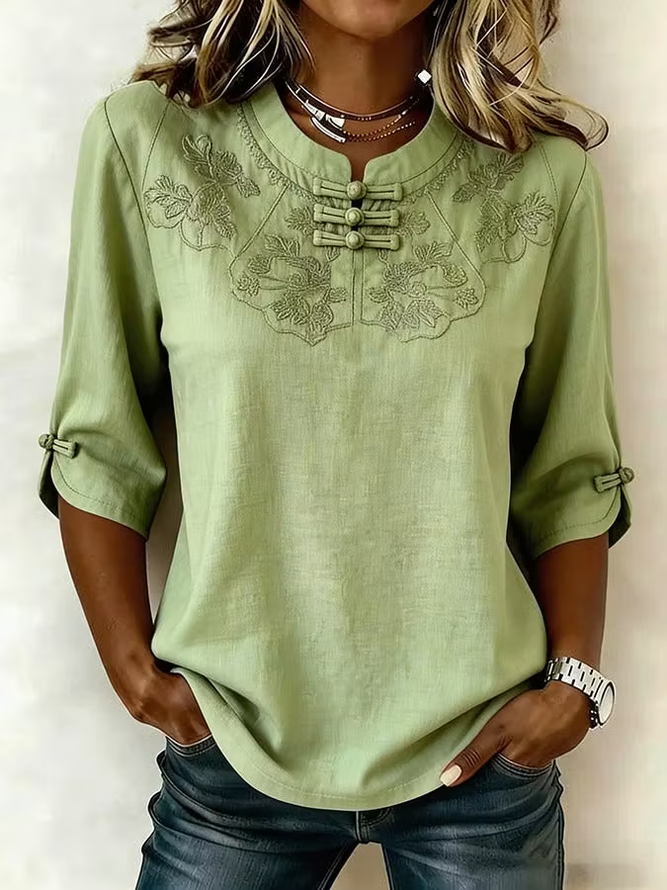 Women Vintage Floral Summer Polyester Micro-Elasticity Regular Fit Regular H-Line Mandarin Collar Blouses