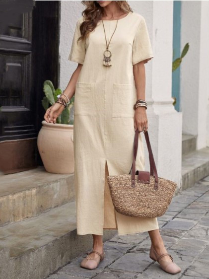 Image of Casual Plain Summer Natural Daily Midi Short Sleeve H-Line No Dresses for Women