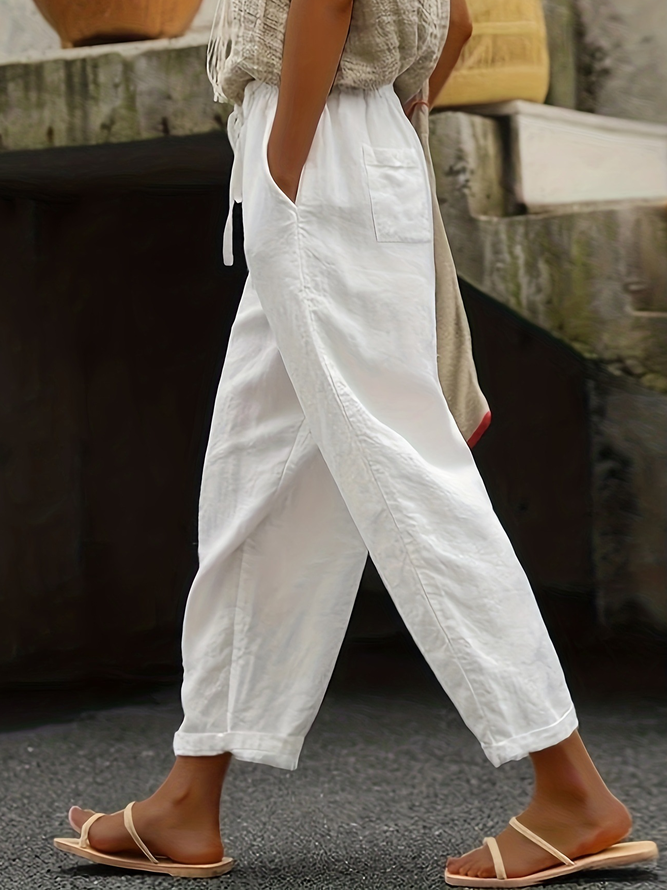 Image of Casual Plain Summer High Waist No Elasticity Daily Loose Cotton And Linen Regular Fashion Pants for Women