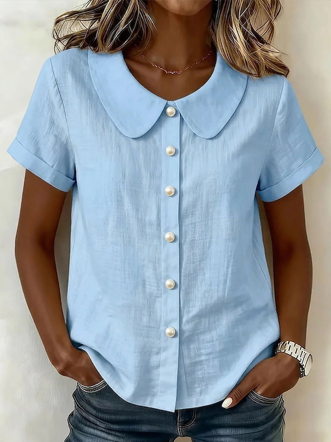 Image of Women Casual Plain Summer Polyester Daily Loose Regular H-Line Regular Shirts