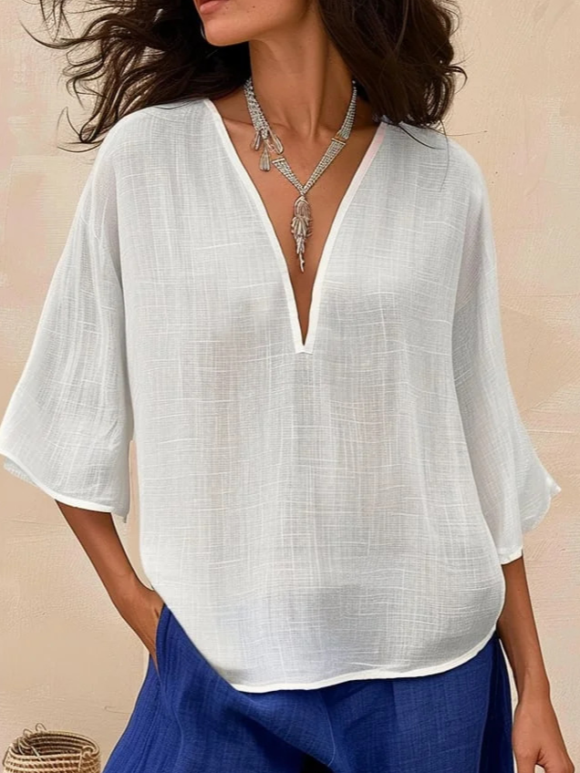 Image of Women Casual Plain Summer Cotton Daily Loose Regular H-Line Regular Blouses