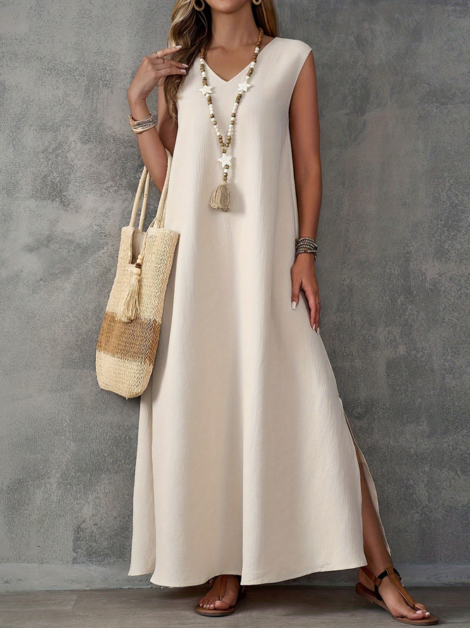 Image of Women Casual Plain Summer Polyester V neck Daily Sleeveless Regular No Dresses