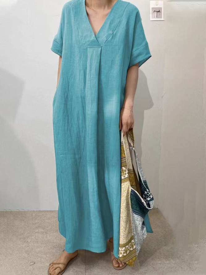 Image of Casual Plain Summer V neck Necklace Natural Daily Loose H-Line Dresses for Women