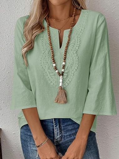 Casual Plain Spring/Fall Cotton V neck Daily Loose H-Line Regular Blouses for Women