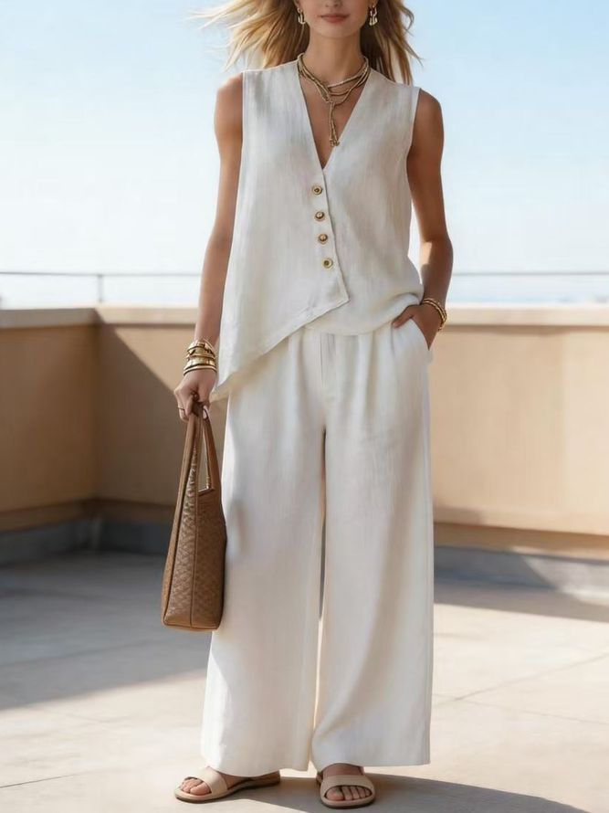 Casual Plain Summer Natural Daily Loose Top With Pants A-Line Regular Two-Piece Sets for Women