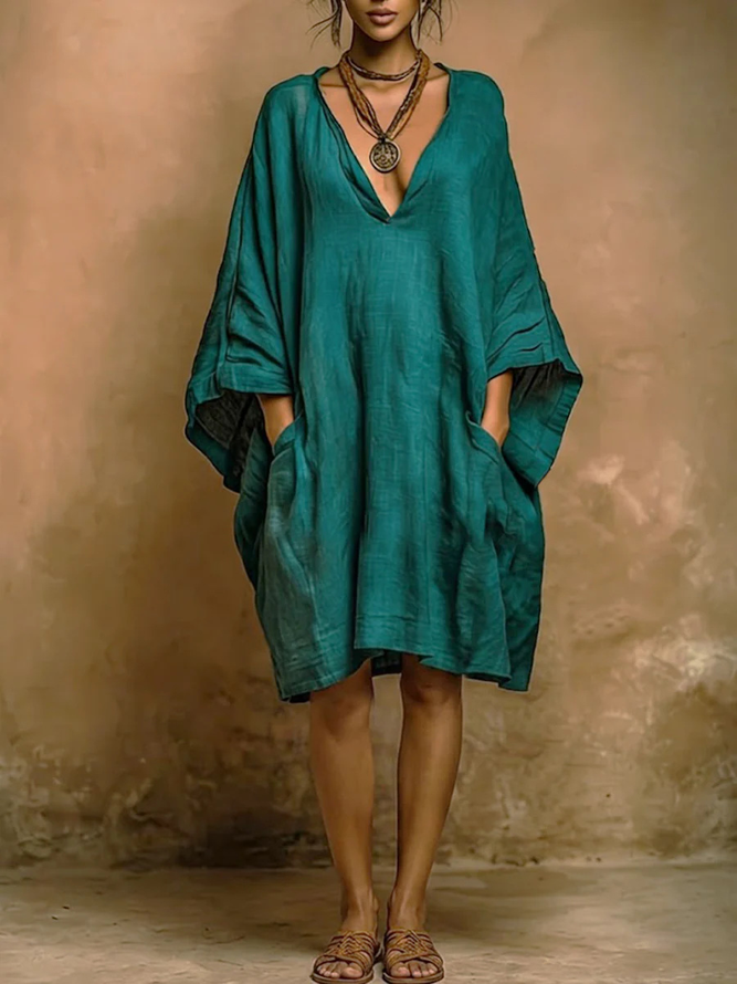 Casual Plain Spring/Fall Cotton V neck Natural No Elasticity Loose No Dresses for Women