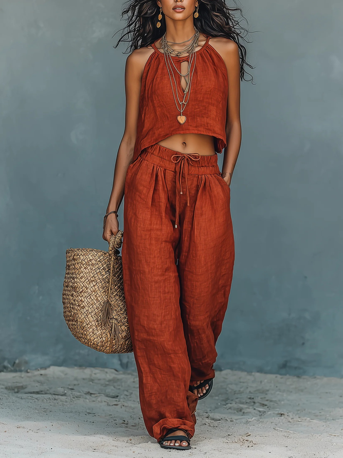 Women Casual Plain Summer Halter Neck No Elasticity Sleeveless Top With Pants H-Line Regular Two-Piece Sets