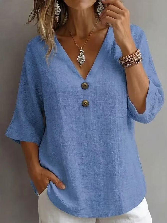 Women Casual Plain Spring/Fall Cotton V neck Natural No Elasticity Loose H-Line Blouses