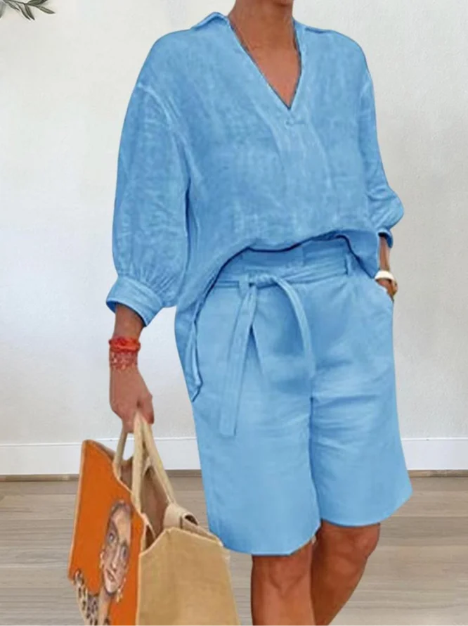Women Casual Plain Spring/Fall V neck No Elasticity Loose Cotton And Linen Three Quarter Sleeve H-Line Two-Piece Sets