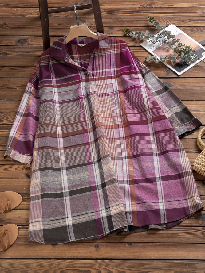 Purple Checkered/plaid Long Sleeve Dresses | roselinlin