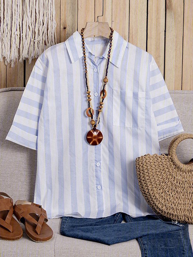Cotton Buttoned Short Sleeve Striped Top
