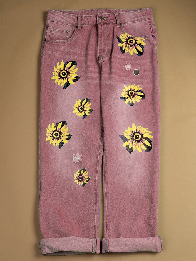 Women Casual Denim Floral Printed Jeans