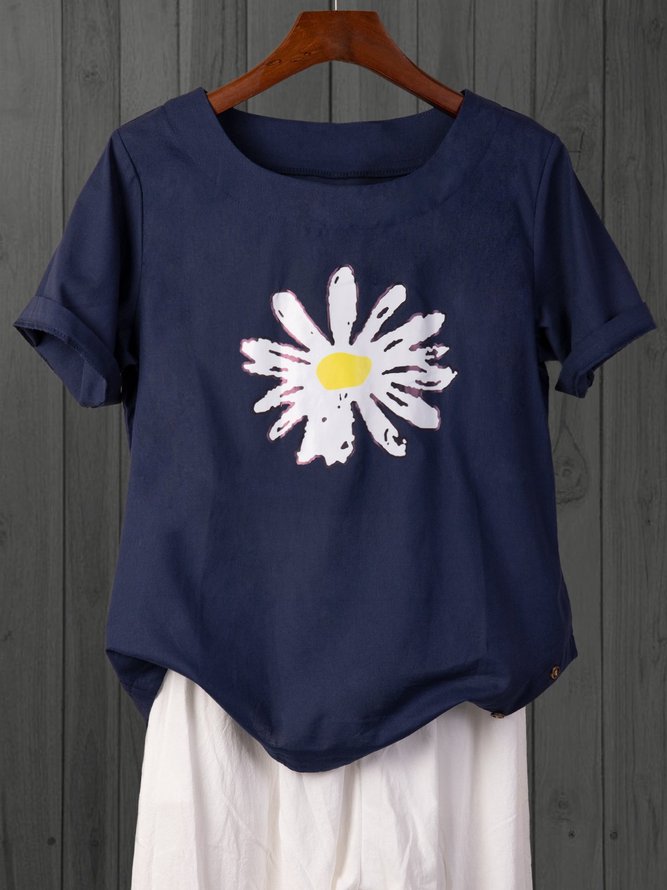 Blue Floral-Print Casual Cotton Shirt