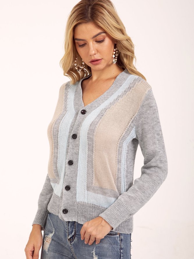 Grey Long Sleeve Color-Block V Neck Knitted Sweater