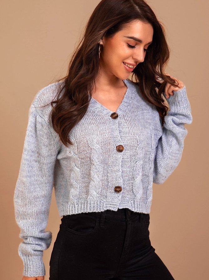 Grey V Neck Long Sleeve Knitted Sweater