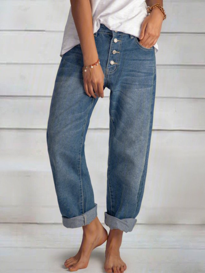 Women Casual Pockets Buttoned Jeans Blue Denim Pants