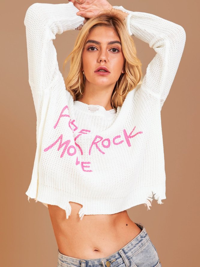 White Knitted Long Sleeve Letter Sweater