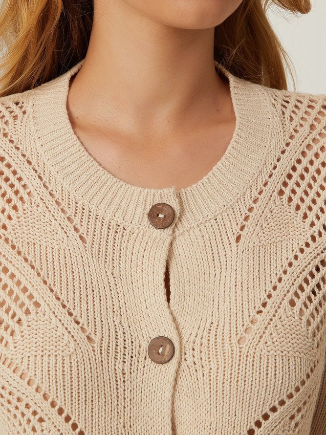 Beige Knitted Long Sleeve Crew Neck Cardigan