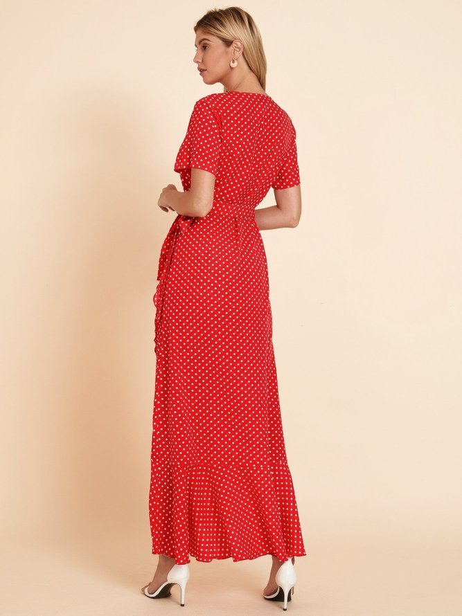 Red Lace-Up Polka Dots Swing Short Sleeve Weaving Dress